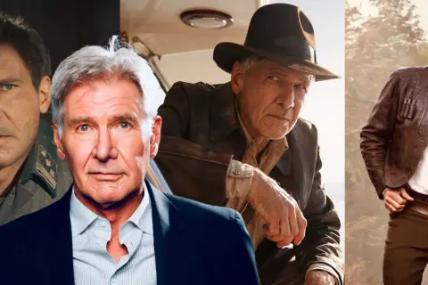 Harrison Ford in verschiedenen Rollen, darunter Indiana Jones, mit Hut und Lederjacke.