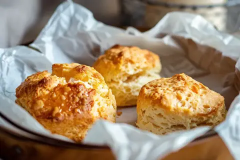Tre gyllene, lätta scones ligger i ett papper. Perfekta för en fika.