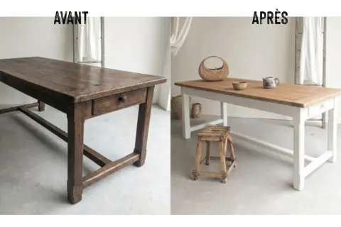 Avant/Après : une table rustique patinée par le temps transformée en une pièce lumineuse, une belle décoration sur bois.