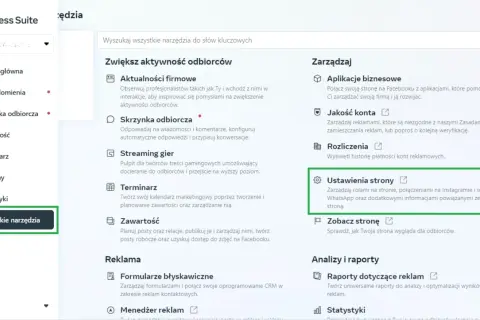 Panel Meta Business Suite, gdzie business manager zarządza ustawieniami strony, połączeniami z Instagramem i WhatsApp.