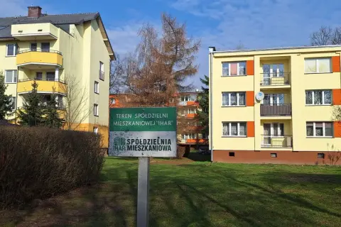 Zielony znak z napisem "TEREN SPÓŁDZIELNI MIESZKANIOWEJ 'IHAR'" przed żółtymi blokami mieszkalnymi.