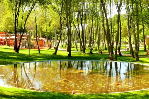 Un estanque circular refleja los árboles en un parque con un área de juegos y mesas al aire libre. Un lugar perfecto para un paseo tranquilo.