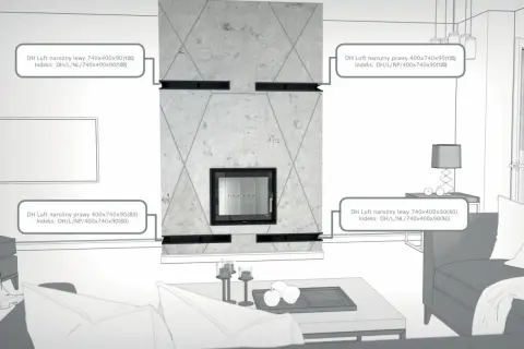 Nowoczesny kominek z kamiennym wykończeniem i szklanymi drzwiczkami. Wskazane wymiary kominka: 740x400x90(120) i 400x740x90(80).