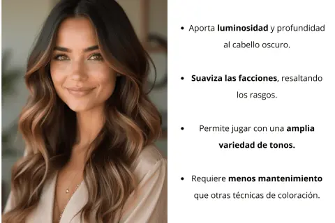 Mujer con cabello oscuro y reflejos miel, mostrando que es un balayage que aporta luminosidad y suaviza facciones.