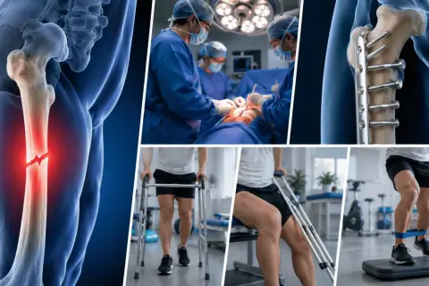 Fracture du fémur, chirurgie, plaque vissée, rééducation avec déambulateur, puis exercices pour retrouver la mobilité. Conséquence d'un fémur cassé.