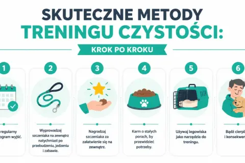 Ilustracja pokazuje, jak szkolić szczeniaka, by nie sikał w domu. Kluczowe jest regularne wyprowadzanie, nagradzanie za załatwianie się na zewnątrz i cierpliwość.
