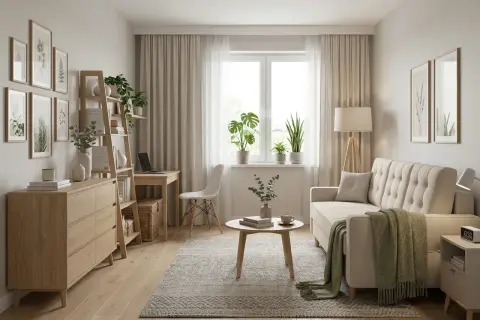 Jasny salon z beżową kanapą, drewnianymi meblami i roślinami. Inspirujące pomysły na pokój w stylu skandynawskim.