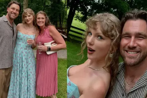 Taylor Swift y su pareja, Travis Kelce, sonríen en una boda. Ella lleva un vestido floral azul y él una camisa a cuadros.