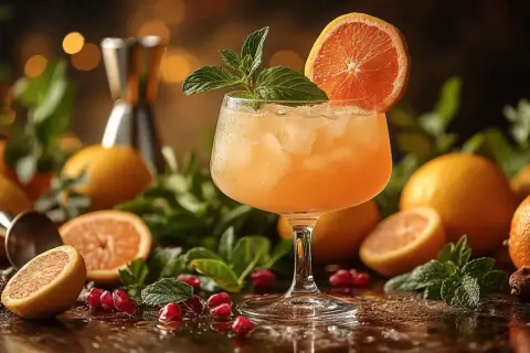 Orzeźwiający drink z plasterkiem pomarańczy i miętą, otoczony owocami cytrusowymi i granatem. Idealne ozdoby do drinków na letnie wieczory.