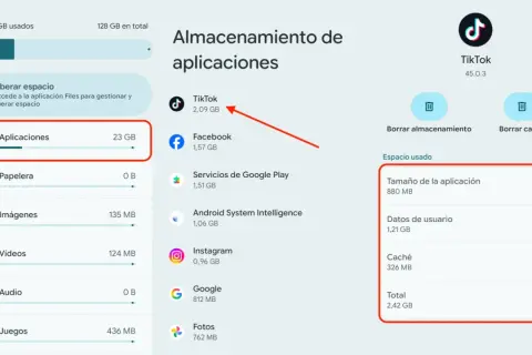 Interfaz de gestión de almacenamiento de Android, mostrando "Aplicaciones" con 23 GB. Se resalta TikTok, un liberador de espacio de memoria interna.