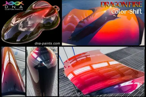 Effetti cangianti di vernice camaleonte su campioni e parti di auto, dal rosso al viola, con riflessi metallici.