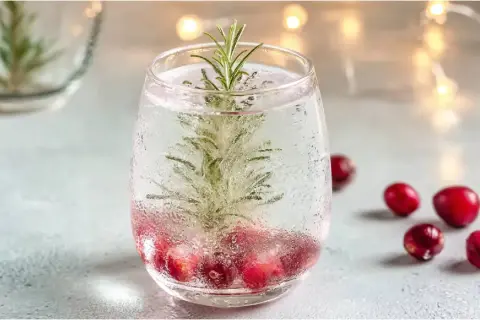 Ein erfrischender Snow Globe Cocktail mit Cranberries und Rosmarin, der wie ein winterlicher Zauber aussieht.