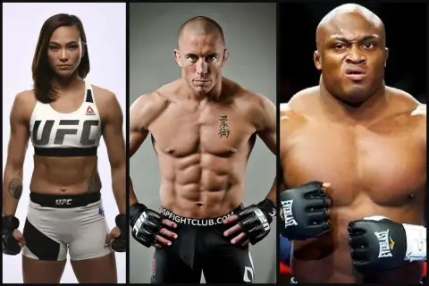 Three UFC fighters: a woman in flyweight gear, a muscular man in featherweight attire, and a powerful heavyweight.