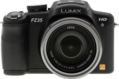 Front view of a black Panasonic Lumix DMC-FZ35K digital camera with a prominent Leica lens.
