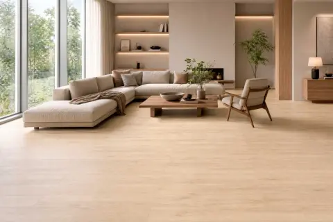 Salón moderno con sofá modular, mesa de centro de madera y suelo de micro mortero de tono claro.