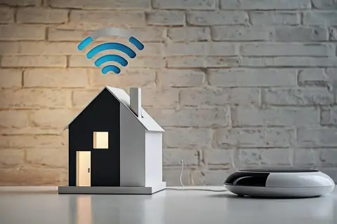 Model domu z zapalonymi oknami i drzwiami, nad którym unosi się symbol wi-fi. Obok stoi nowoczesny router.