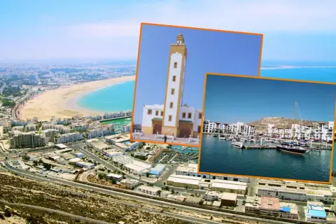 Widok na Agadir, Maroko. W tle meczet i port z łodziami. Zastanawiasz się, ile się leci do Maroko?