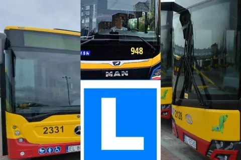 Trzy autobusy, jeden z nich z literą "L" na niebieskim tle. Może to symbol nauki jazdy autobusem w Koninie lub Łodzi.