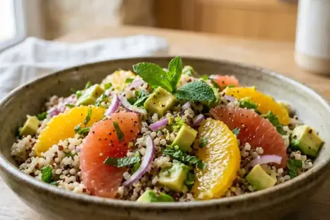 Salade quinoa colorée avec pamplemousse, orange, avocat et menthe fraîche. Un plat léger et savoureux.