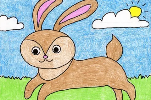 Un dibujo sencillo de como dibujar un conejo facil para niños. Un conejo marrón con orejas largas y rosadas corre en un campo verde bajo un cielo azul con nubes y sol.