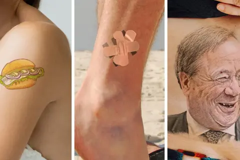 Ein Fischbrötchen-Tattoo auf der Schulter, ein Pflaster-Tattoo am Knöchel und ein Porträt-Tattoo eines Mannes mit Brille – das sind die besten Tattoos für jeden Geschmack.