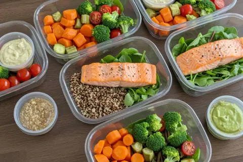 Preparación de comidas para un menú saludable semanal: salmón, quinoa, brócoli, zanahorias y aderezos.