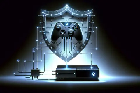 Xbox z kontrolerem i tarczą ochronną połączone obwodami.