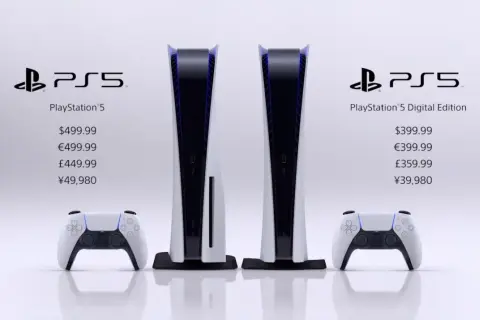 Zwei PS5-Konsolen, eine Standard und eine Digital Edition, mit Preisen für den PS5 Release.