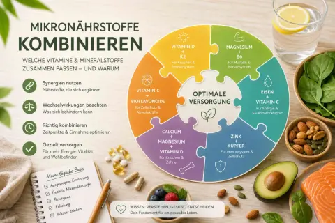 Eisen und Vitamin C kombinieren für Energie. Die Grafik zeigt, wie Mikronährstoffe optimal kombiniert werden.