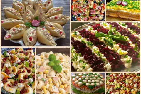 Kolekcja 4 wypróbowane sałatki: muszle faszerowane, tortellini z suszonymi pomidorami, makaron z szynką i kukurydzą, sałatka z buraków i jajka.