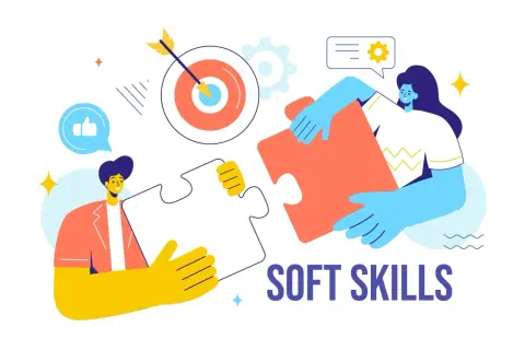 Zwei Personen fügen Puzzleteile zusammen, um das Konzept der Soft Skills zu veranschaulichen. Ein Daumen-hoch-Symbol und ein Zielscheiben-Symbol sind ebenfalls zu sehen.