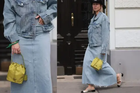 Stylowa spódnica jeansowa i kurtka tworzą modny total look. Idealne stylizacje zima dla miłośniczek denim.