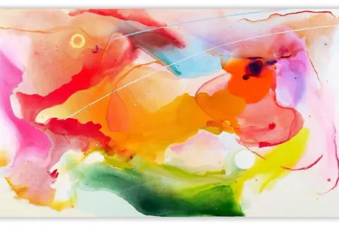 Vibrant, fluid colors swirl in an abstract composition, reminiscent of the bold strokes of expressionist artists.