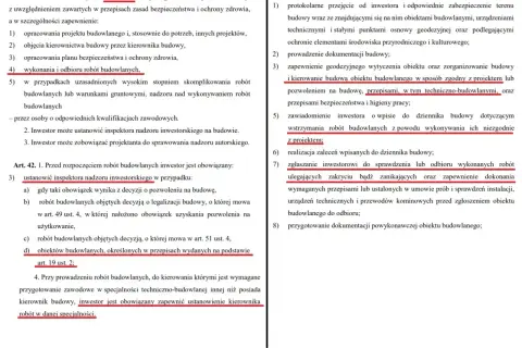 Fragment tekstu prawnego dotyczący obowiązków inwestora i kierownika budowy, w tym zagubiony dziennik budowy.