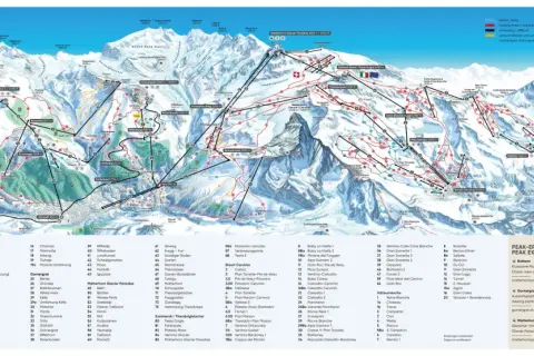 Mapa tras narciarskich z widokiem na Matterhorn od strony włoskiej. Obejmuje trasy, wyciągi i punkty widokowe.