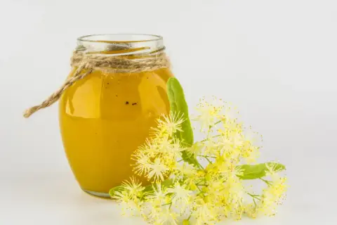 Ein Glas goldgelber Lindenhonig, verziert mit Juteschnur, neben frischen Lindenblüten. Lindenhonig gesund und wohltuend.