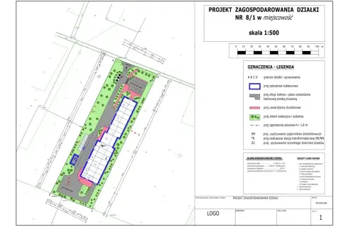 Projekt zagospodarowania działki przedstawia projektowaną powierzchnię zabudowy wiaty, drogi, chodniki i zieleń.