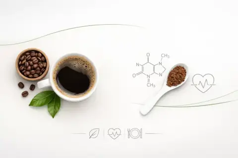 Kawa, ziarna, liście i wzór chemiczny kofeiny. Co to jest kofeina? To pobudzający związek obecny w kawie, który wpływa na nasze samopoczucie.
