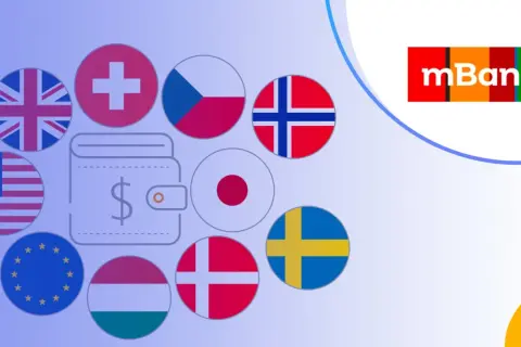 mbank konto walutowe: portfel z symbolem dolara otoczony flagami USA, UK, Szwajcarii, Czech, Norwegii, Japonii, Danii, Szwecji, Węgier i UE.
