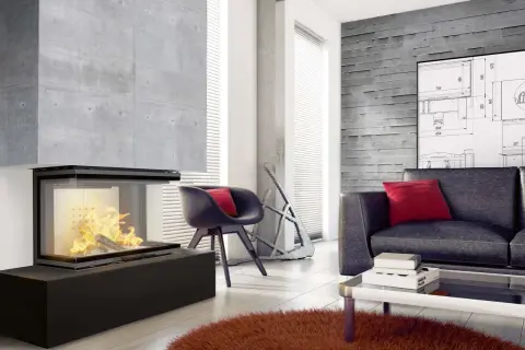 Nowoczesny salon z narożnym kominkiem, szarą ścianą i wygodną kanapą.