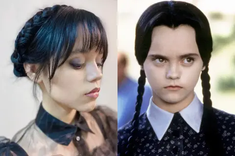 Dwie wersje ikonicznej fryzury Wednesday Addams: nowoczesna stylizacja z warkoczem i klasyczna peruka z dwoma warkoczami.