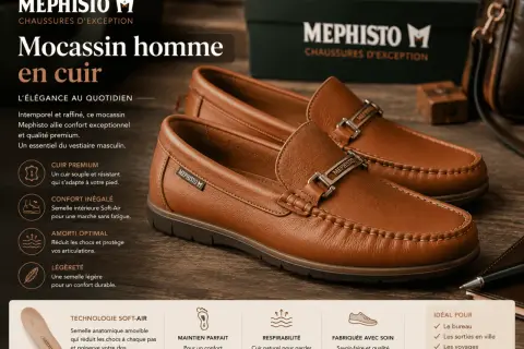 Mocassins homme Mephisto en cuir marron, avec une semelle en cuir souple et une semelle intérieure Soft-Air pour un confort optimal.