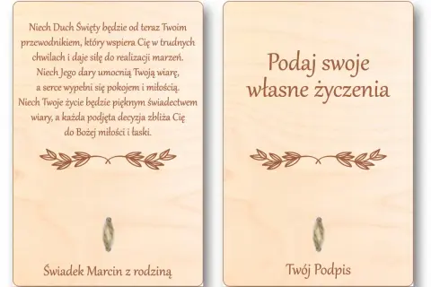 Drewniane kartki z życzeniami na bierzmowanie. Jedna zawiera błogosławieństwo od świadka Marcina, druga miejsce na własne życzenia.