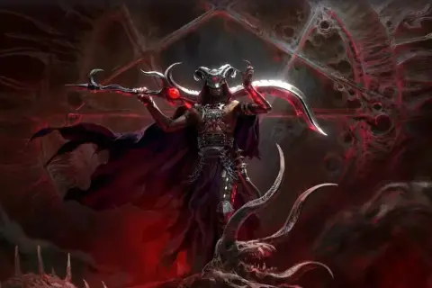 Mroczna postać z rogami i kosą, otoczona demonami i krwistą poświatą. Najnowsze diablo 4 news.