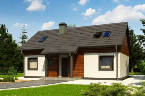 Nowoczesny domek 5x7 z poddaszem, z drewnianą elewacją i dużymi oknami, otoczony zielenią.