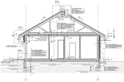 Przekrój budynku z detalami konstrukcyjnymi, uwzględniający warstwy izolacji i materiałów. Projekt architektoniczno budowlany.