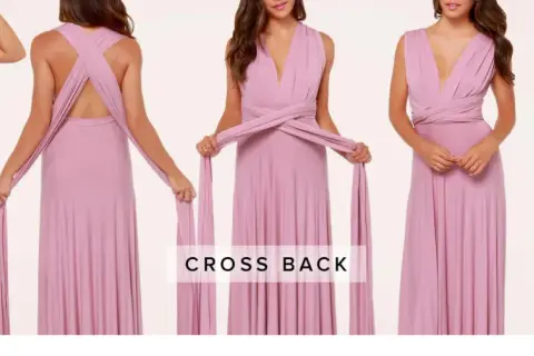Instrukcja krok po kroku, jak wiązać sukienkę kopertową z efektem "cross back". Pięć ujęć pokazuje różne etapy tworzenia stylizacji.