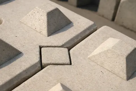 Betonowe pustaki zalewowe z charakterystycznymi stożkami i wgłębieniem, gotowe do budowy solidnej konstrukcji.