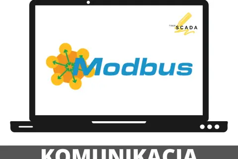 Laptop z logo Modbus i napisem "rysuje SCADA". Program do komunikacji Modbus RTU.