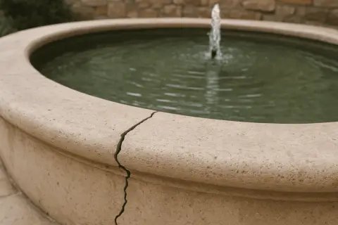 Bassin de fontaine en pierre avec une fissure visible. Une question se pose : comment étancheifier un bassin pour éviter les fuites ?